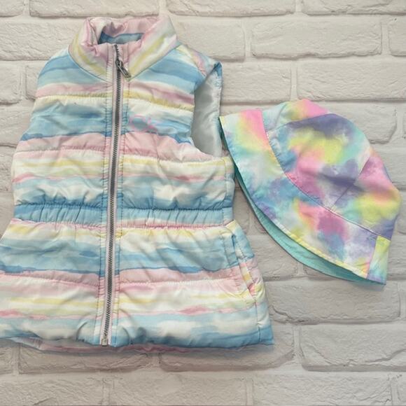 Toddler Girls 2T Calvin Klein Vest & Wonder Nation OS Hat Blue Yellow Pink - Picture 1 of 16